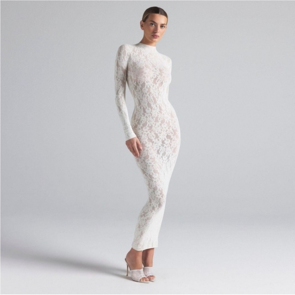 SKIMS White Long Sleeve Lace Dress